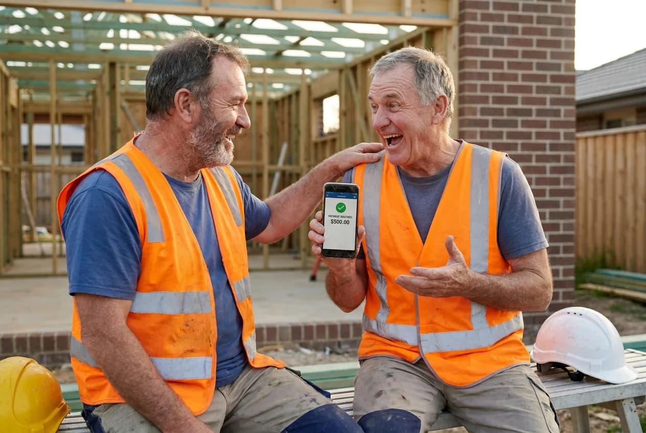 Two tradie mates laughing over a payment that just landed